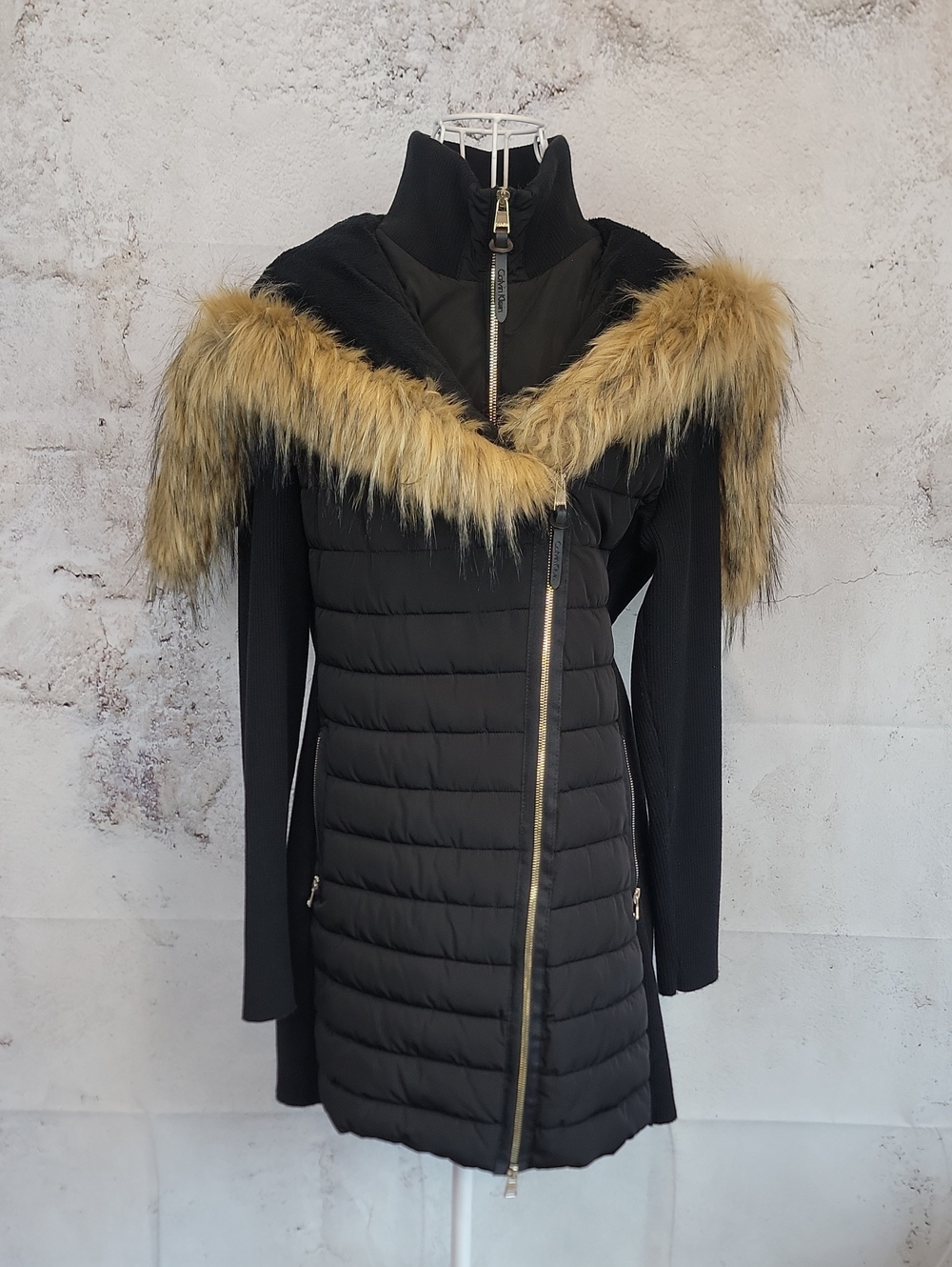 Calvin Klein Black Quilted Puffer Coat with Tan Faux Fur Trim Womens Size M